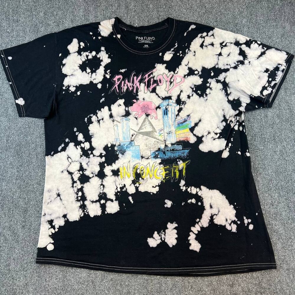 Pink Floyd In Concert Graphic T-Shirt Black Bleach Dye Cotton O/S